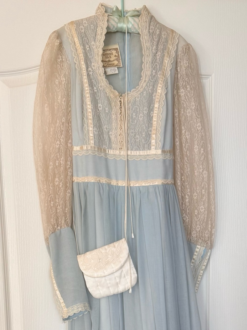 Retro Gunnie Sax Pale Blue Lace Sleeve Maxi Dress with Cream Accents